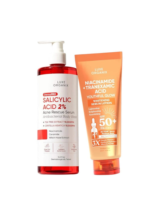 LUXE ORGANIX Salicylic acid 2% body wash and niacinamide + tranexamic acid lotion